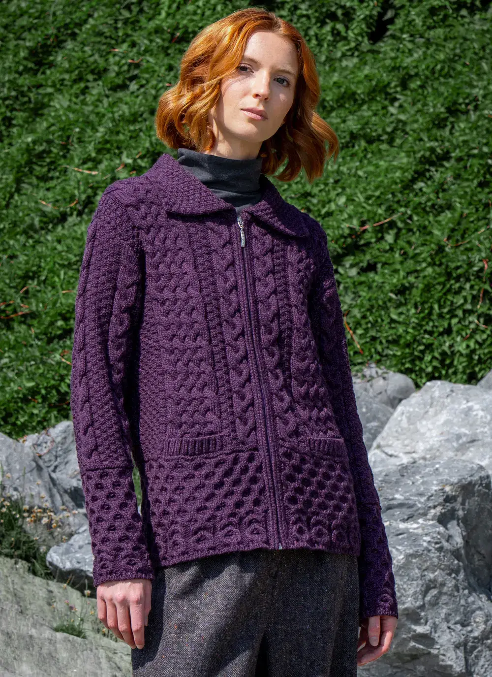 Front view Grace Full Zip Aran Cardigan in Purple Marl